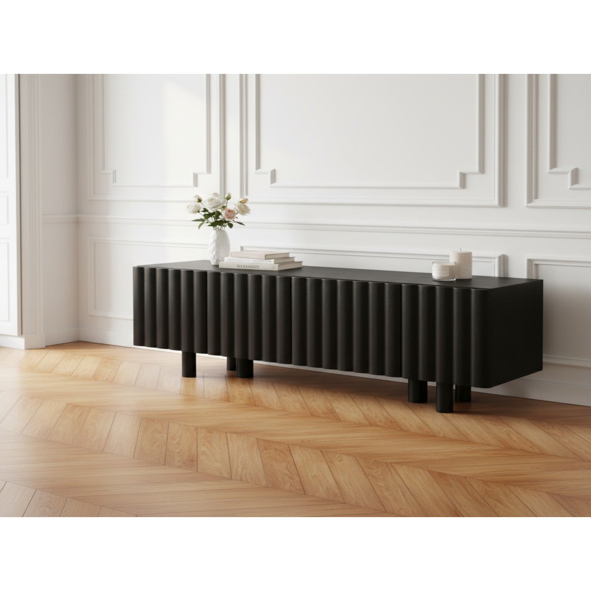 Meuble TV 160 cm bois massif, GABRIEL noir, BOBOCHIC