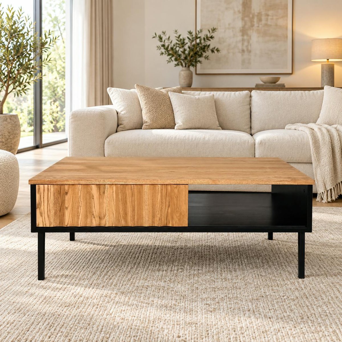 Table basse en bois bicolore avec façade ondulée TARAN bois naturel, PIER IMPORT