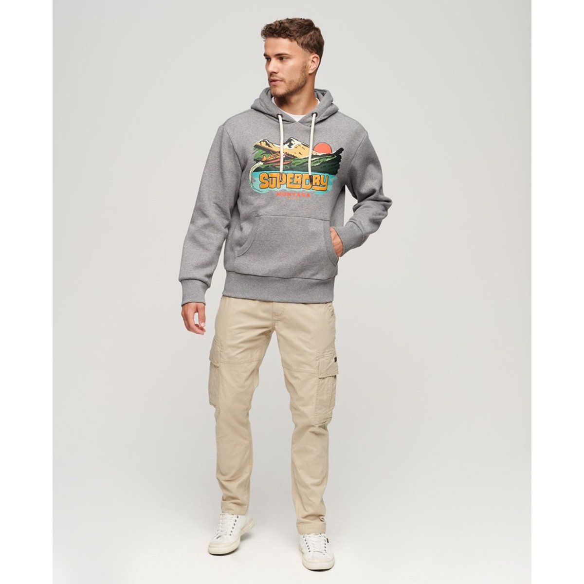 Sweat à capuche et motif Travel Postcard gris foncé moucheté chiné, SUPERDRY