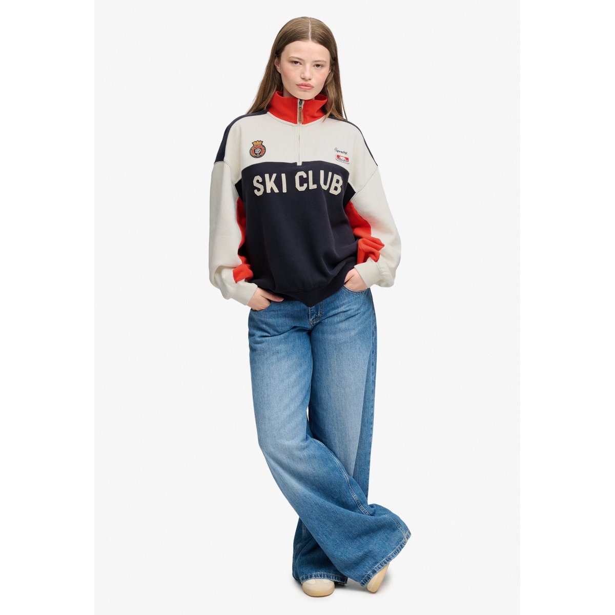 Pull Preppy Ski Half Zip Coupe Décontractée crème, SUPERDRY