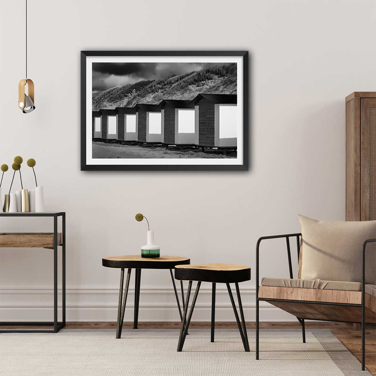 Poster cabanes de plage affiche + cadre en bois - noir, HEXOA