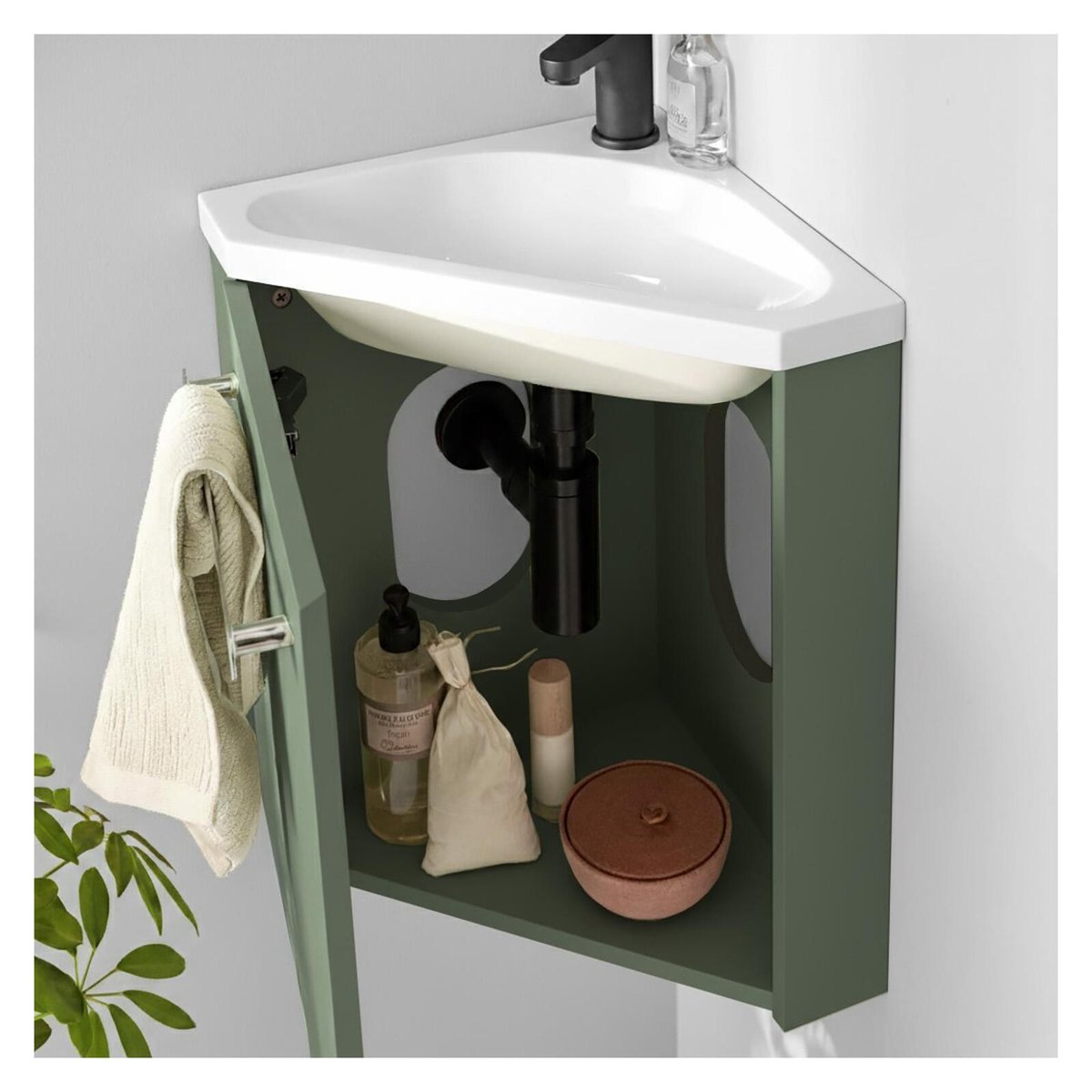 Ensemble lave-mains angle suspendu avec robinet et armoire d'angle SKINO vert satiné, MOB IN