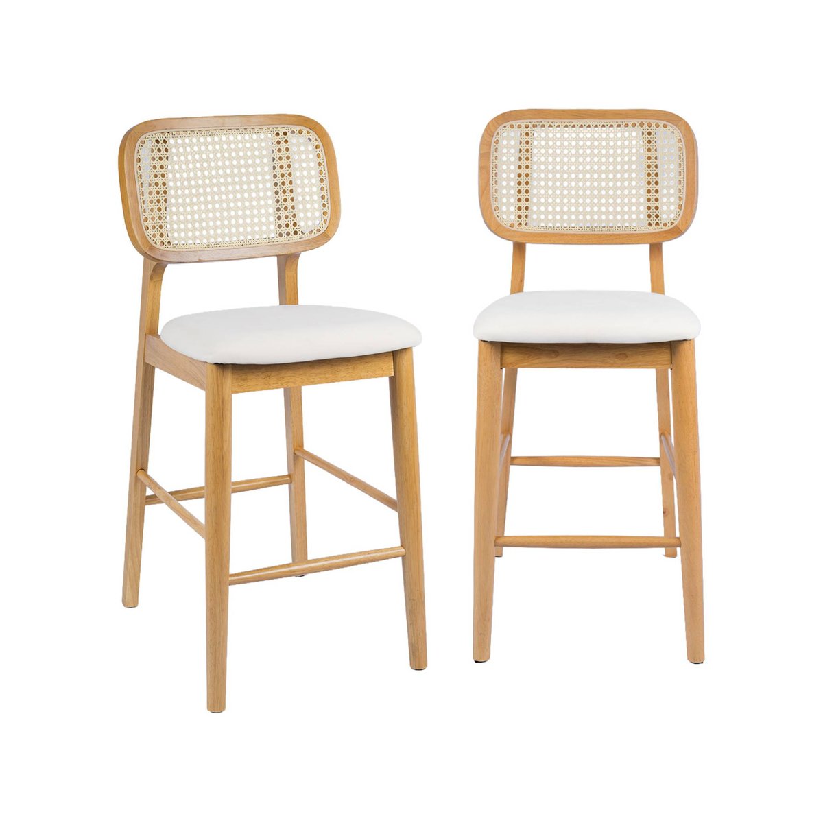 Tabouret de bar bois d'hévéa cannage et tissu 66,5cm (lot de 2) MANI naturel, SWEEEK