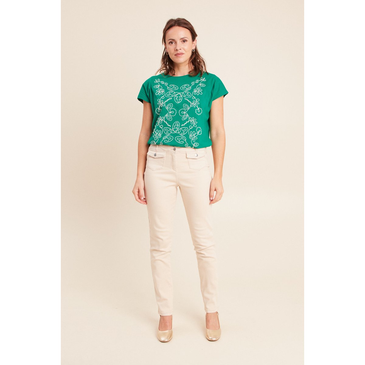 Jean ajusté taille haute longue beige claire, BREAL