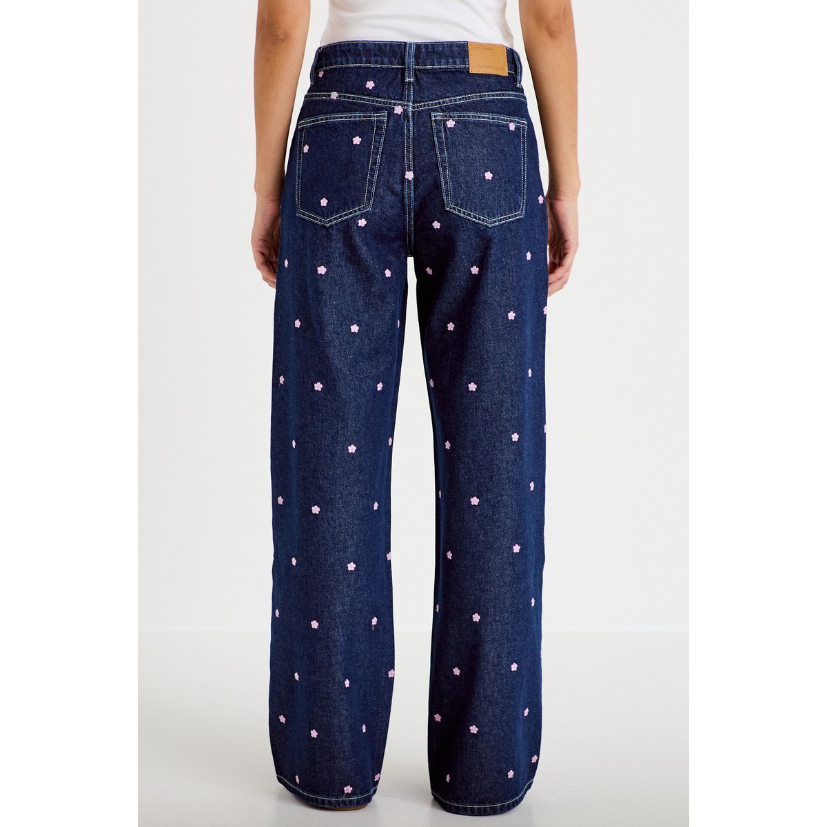 Jean wide leg taille haute brodé bleu foncé, CACHE CACHE