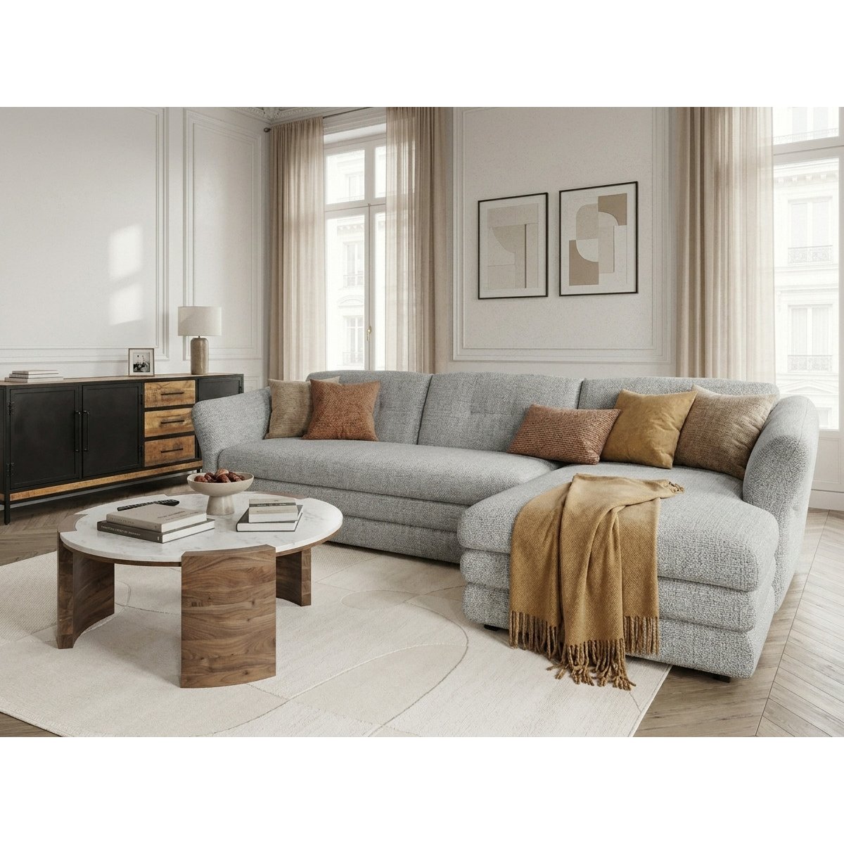 Canapé d'angle fixe 4 places en tissu chiné, MARBLE gris, BOBOCHIC