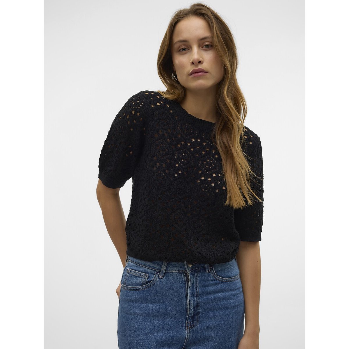 Jumper with 3/4 Length Sleeves and Embroidered Round Neck black, VERO MODA