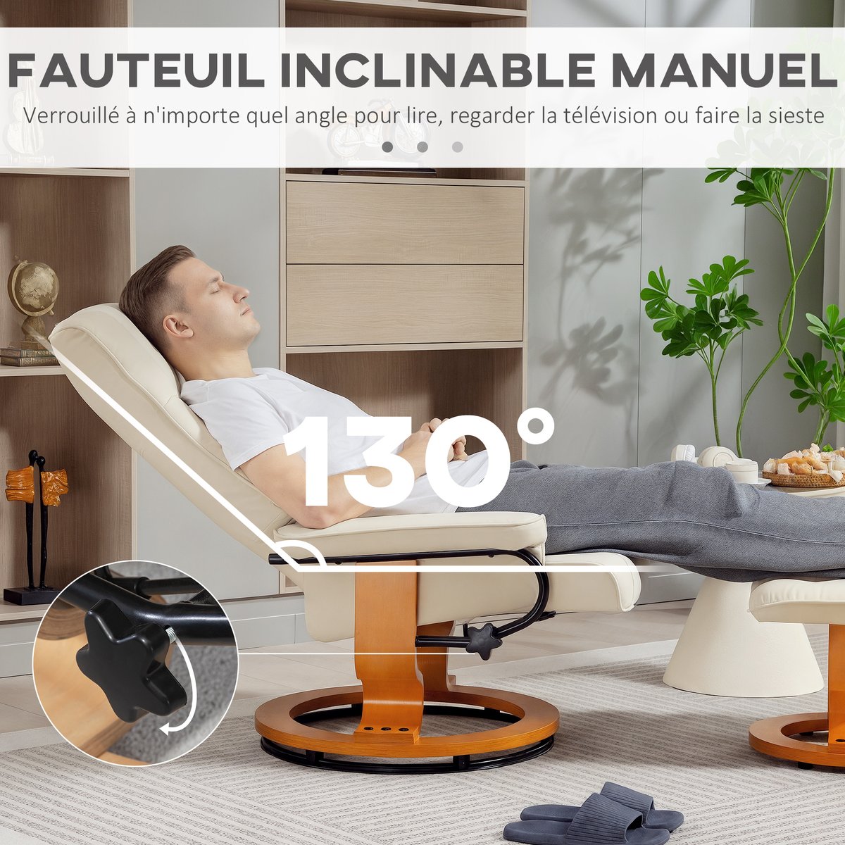 Fauteuil inclinable avec repose-pieds crème, bois naturel, HOMCOM