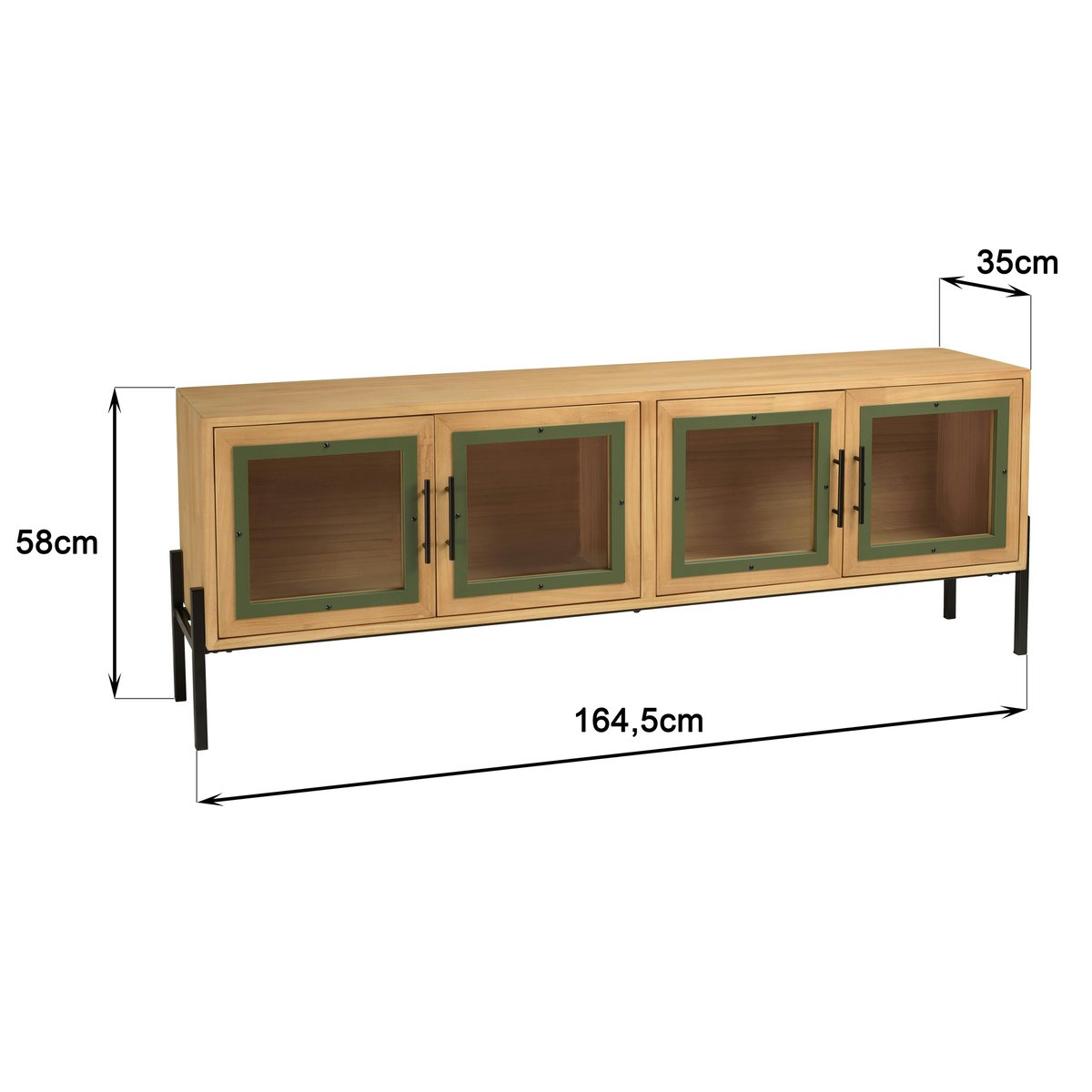 Meuble TV bois clair 4 portes vitrées contour vert BAGAN bois naturel, PIER IMPORT