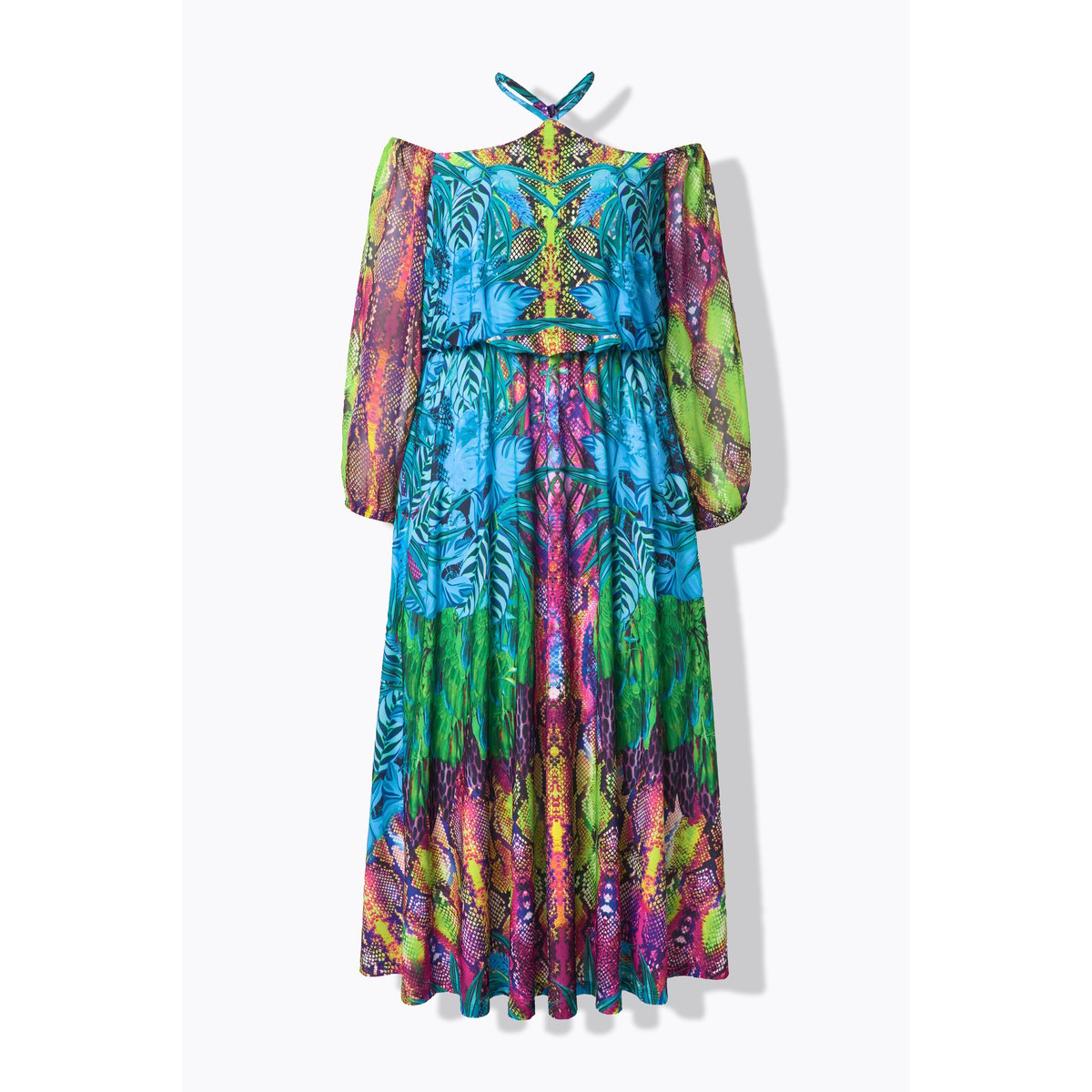 Robe maxi en mousseline. Épaules nues. Fond noir, ULLA POPKEN