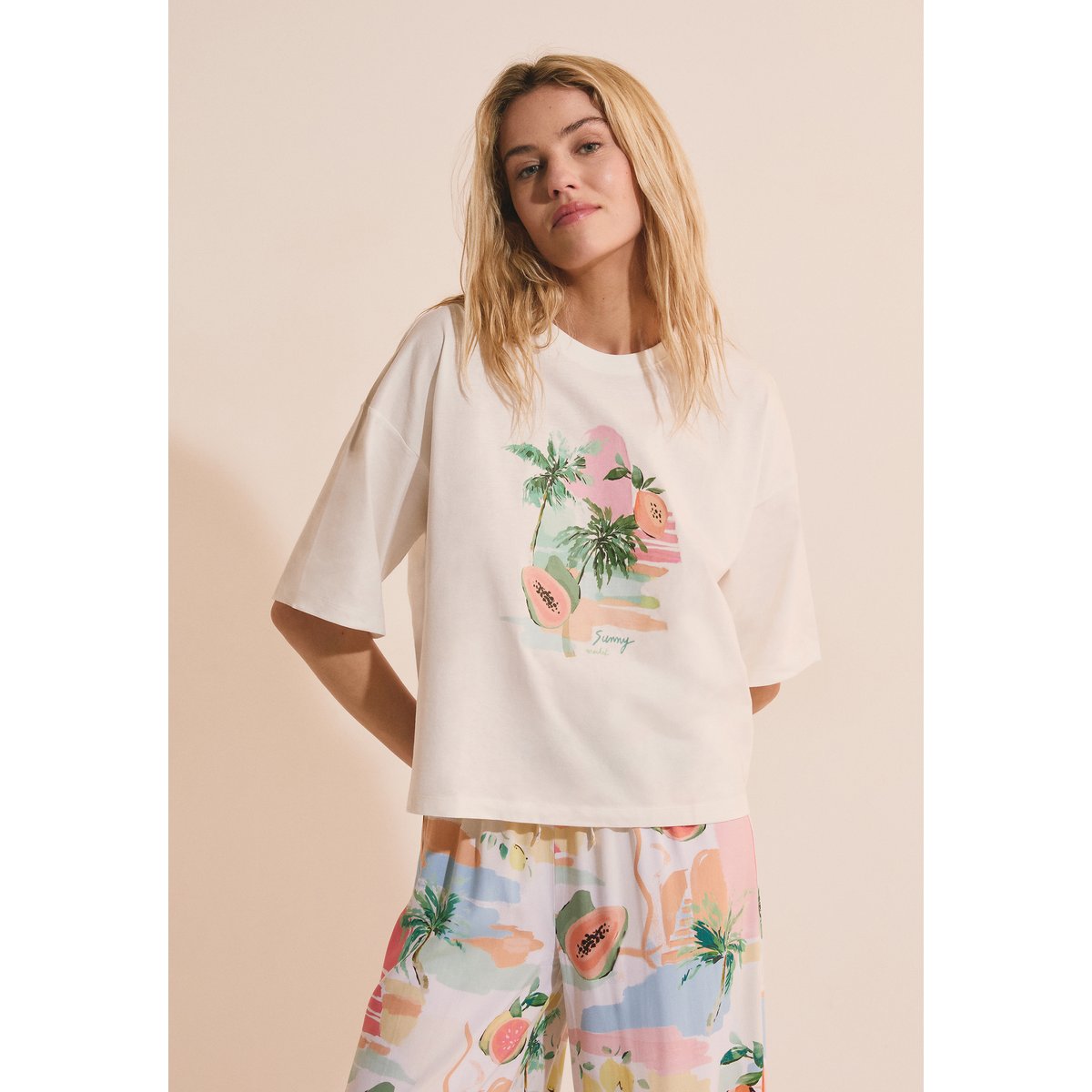 T-shirt de pyjama à imprimé en coton SPIRA ecru, ETAM
