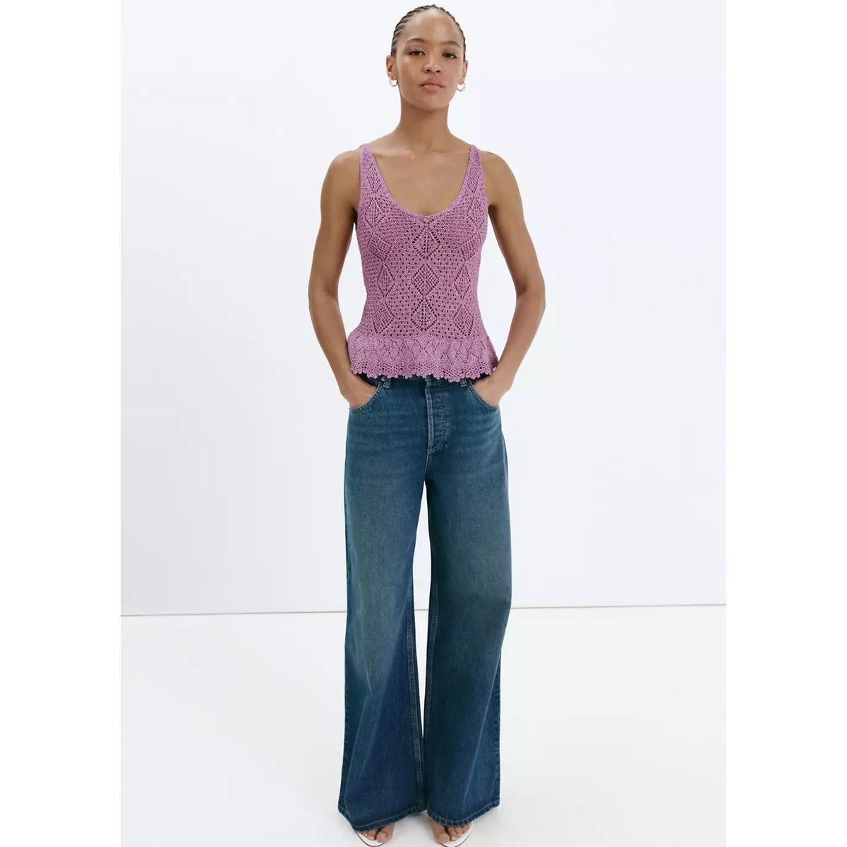 Top en crochet fil textile à volant festonné pourpre, MANGO