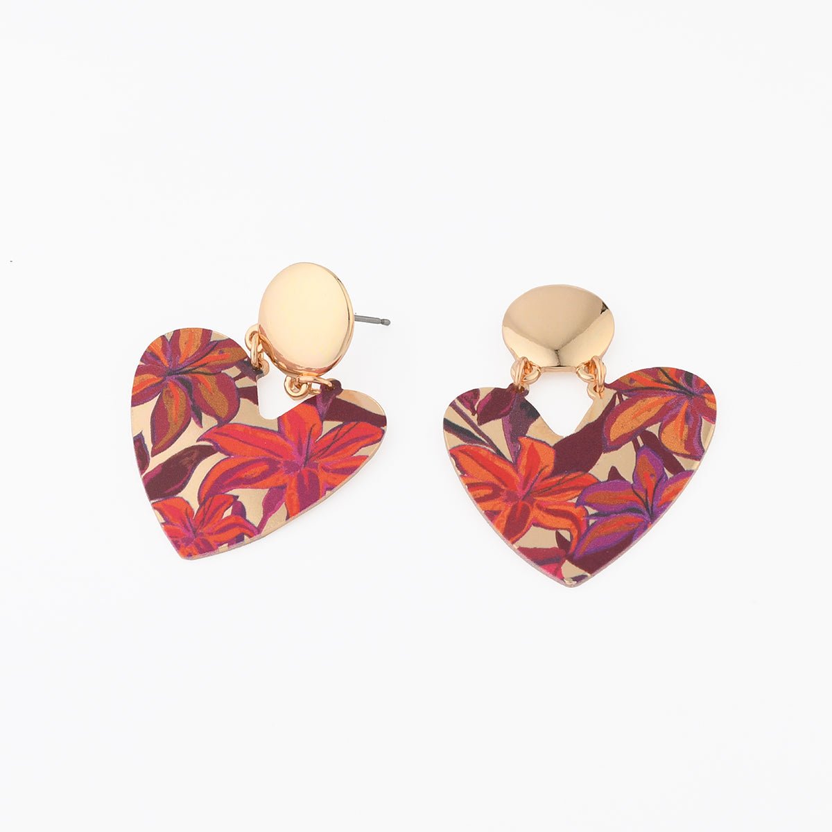 Boucles d'oreilles cœurs Balagane imprimé feuillage bordeaux, BALABOOSTE