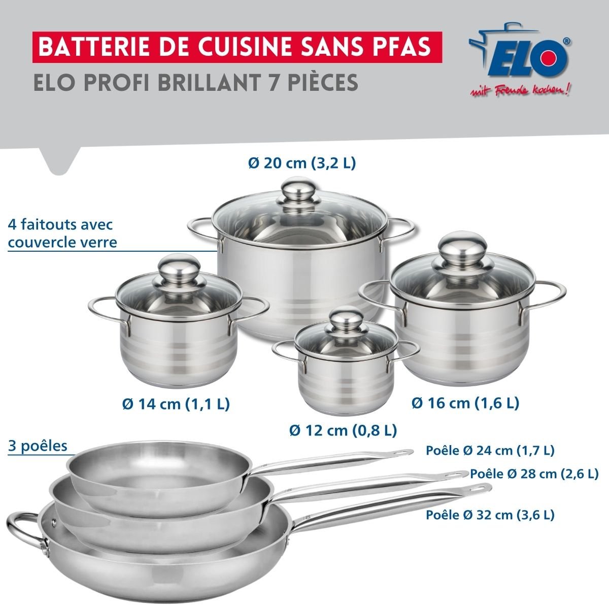 3 poêles 24/28/32cm + 4 faitouts 12/14/16/20cm PROFI BRILLANT gris, ELO