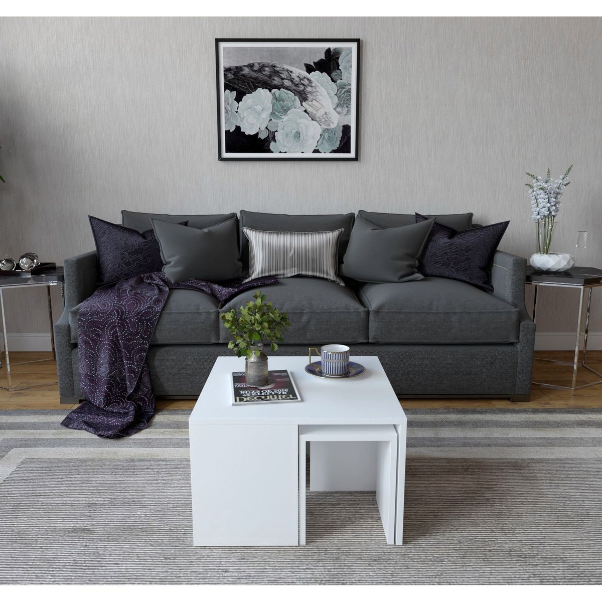 Ensemble table basse et 3 tables d'appoint gigognes ROSKILDE blanc, TOILINUX