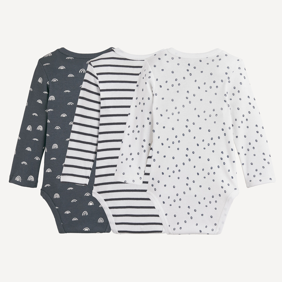 Pack of 3 Cloud/Striped/Polka Dot Print Long Sleeve Newborn Bodysuits assorted, LA REDOUTE COLLECTIONS