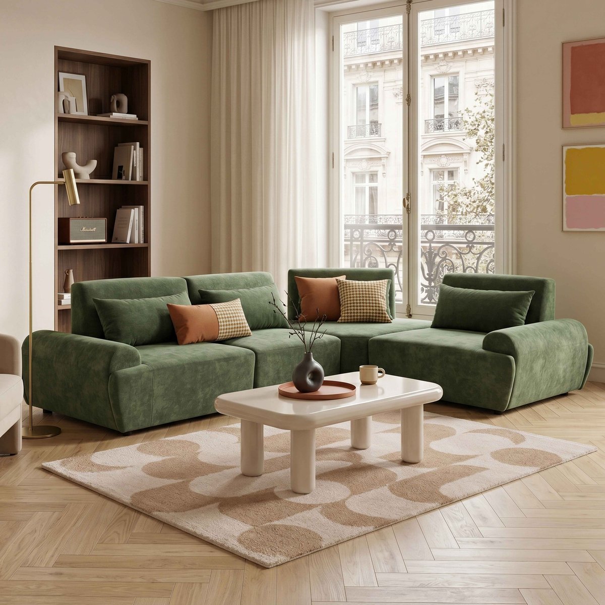 Canapé modulable d'angle 4 places en tissu avec coussins dossier ajustable, CALLISTO vert, OVIALA