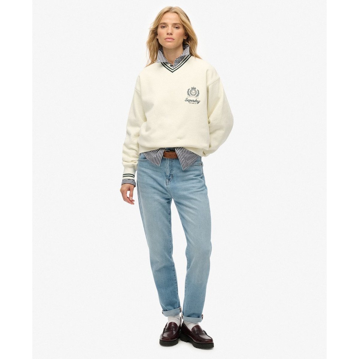 Sweat à col V Country Club blanc cassé, SUPERDRY