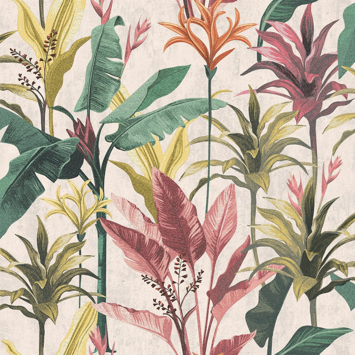 Papier peint Vintage Botanique vert, jaune, parme sur fond sable, WOW