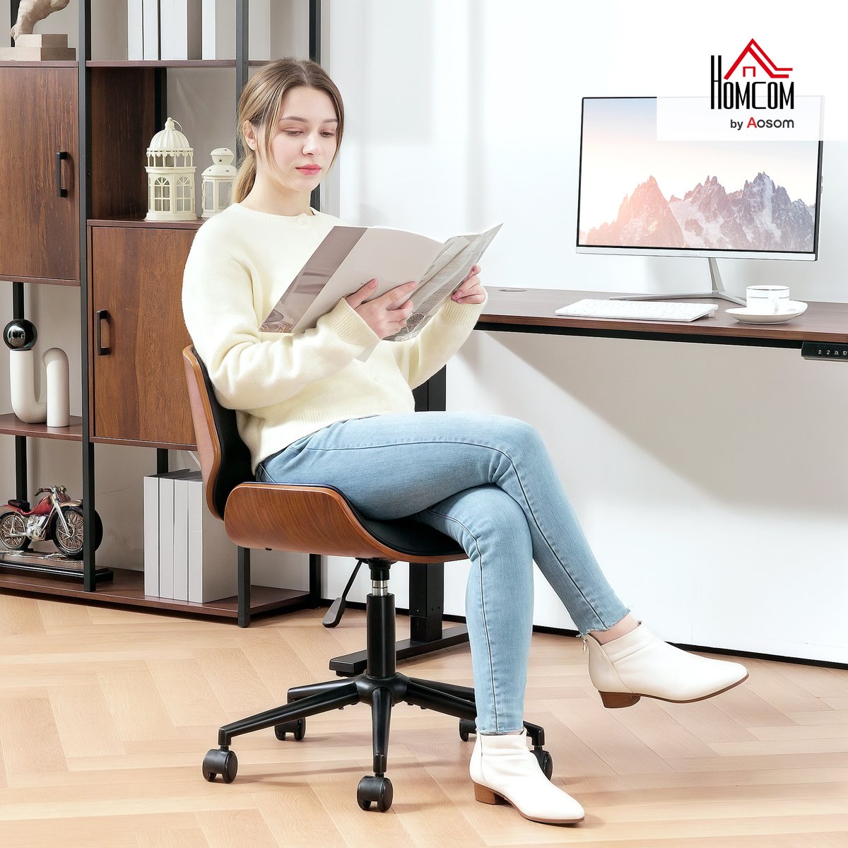 Chaise de bureau PU Noir noir et marron noyer, HOMCOM