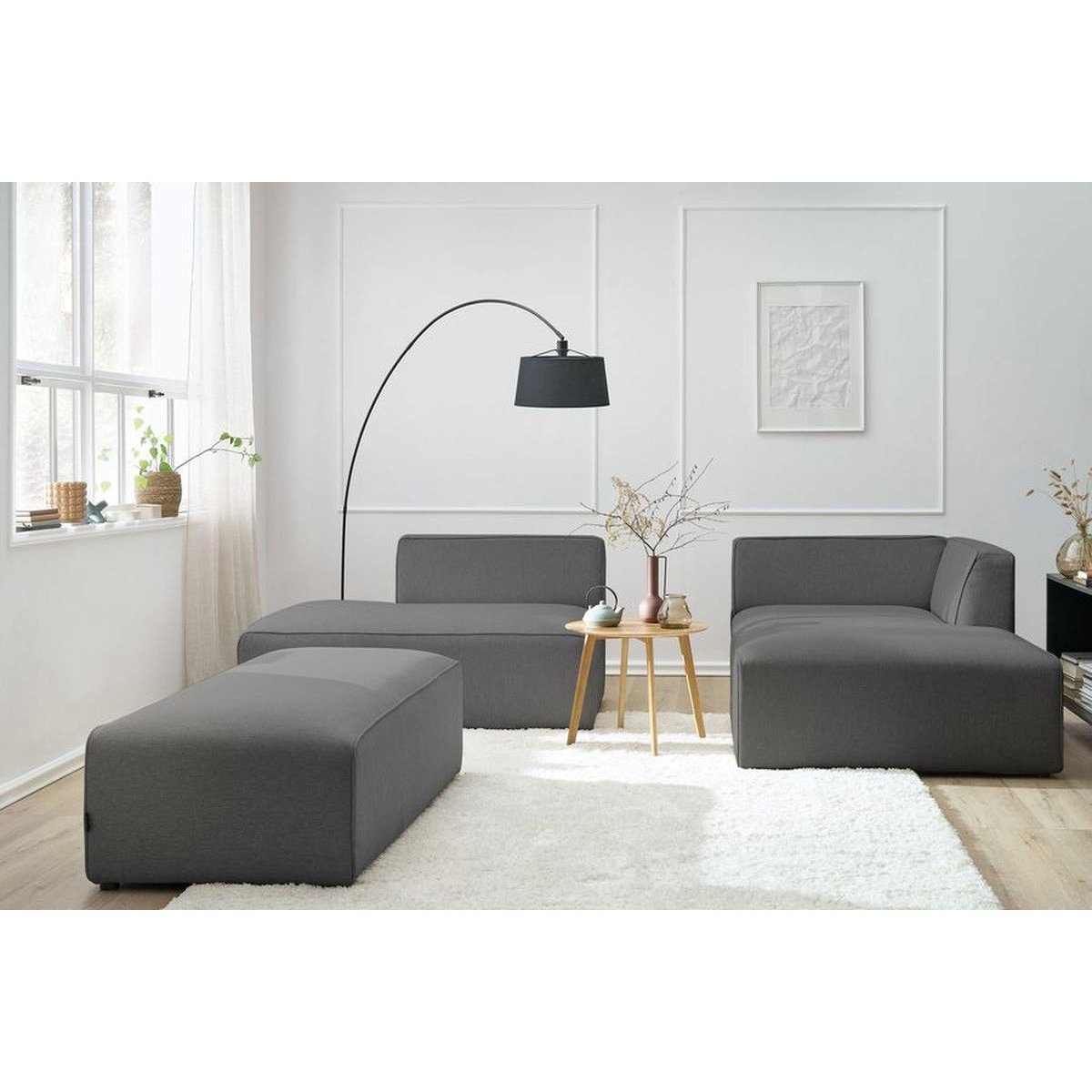 Canapé modulable 5 places en tissu chiné avec pouf, MEGEVE gris foncé, BOBOCHIC