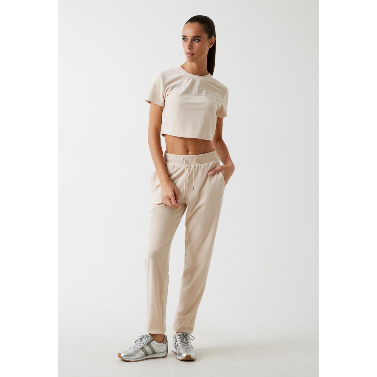 T-Shirt Crop Velours beige, GUESS