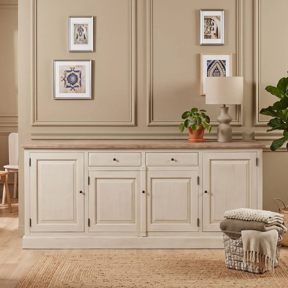 Buffet bas en bois 4 portes 2 tiroirs campagne chic - VILLAS gris, HELLIN, DEPUIS 1862