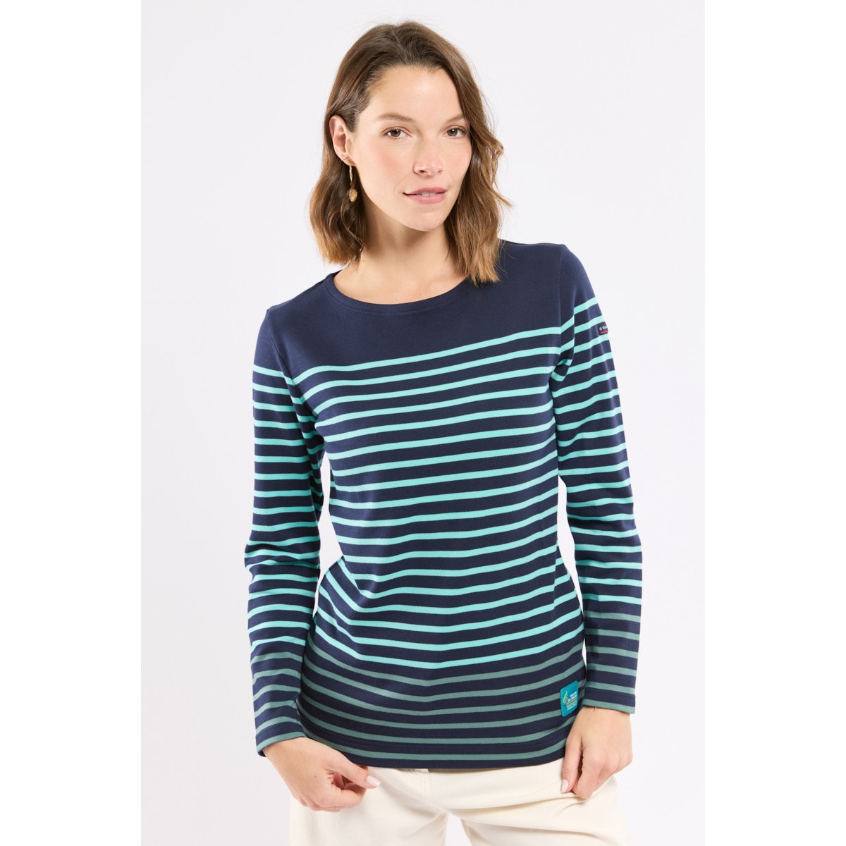 Marinière bicolore en coton épais marine deep/ pool blue/ si, ARMOR-LUX