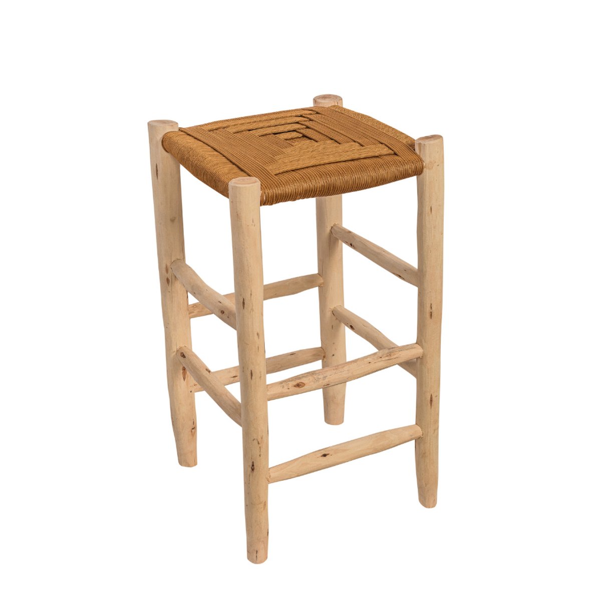 Tabouret de bar en bois et corde ROUCOU naturel et camel, HYDILE