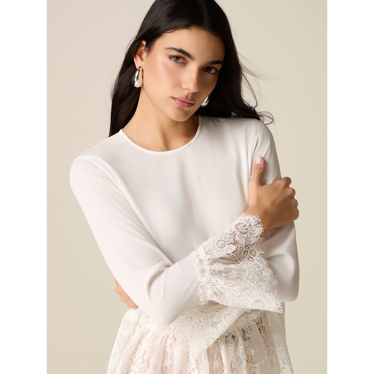 Blouse avec détails en dentelle blanc, OLTRE
