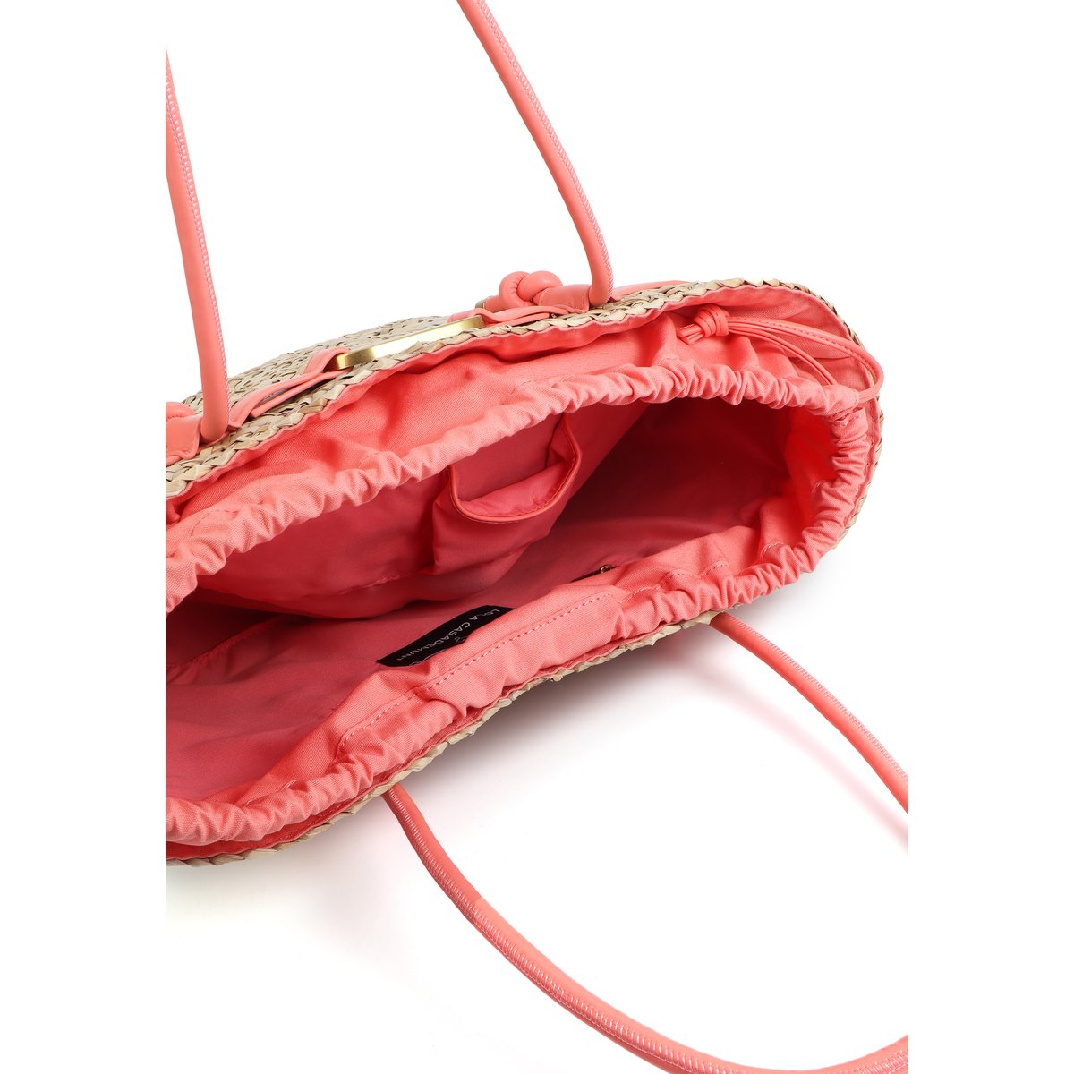 Panier tressé avec bandeau logo et anses contrastantes rose, LOLA CASADEMUNT