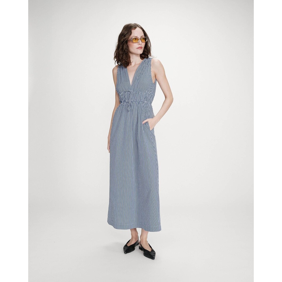 Robe longue à carreaux, col v VELMIRA bleu marine, GRACE & MILA
