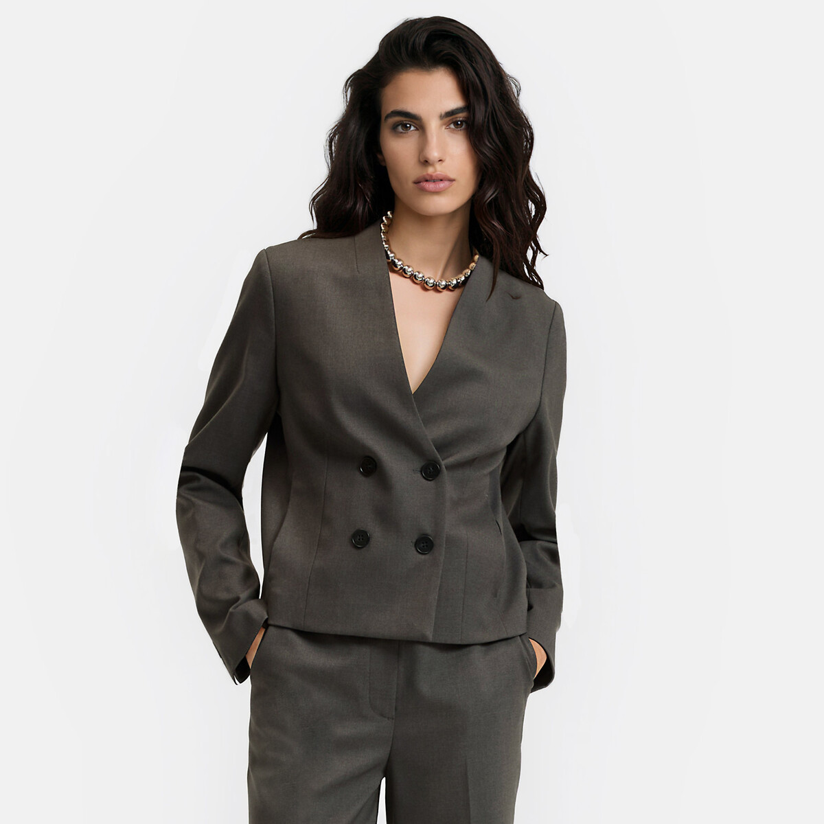 Blazer croisé court sans col gris chiné, LA REDOUTE COLLECTIONS
