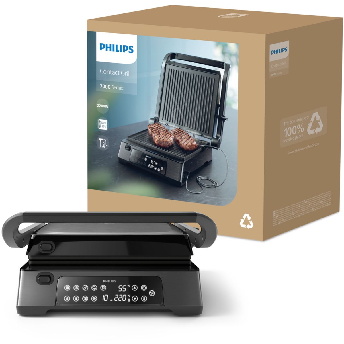 Grille-viande 7000 Series HD6307/70 noir sonde de cuisson, plaques amovibles, à poser, 29x26 cm couleur unique, PHILIPS