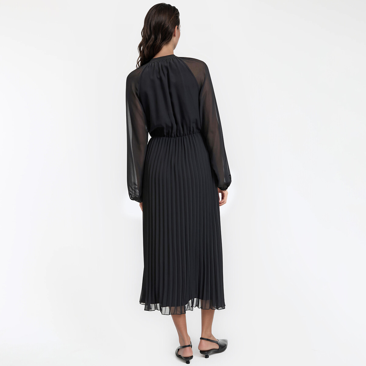 Pleated Long Sleeve Crew Neck Maxi Dress black, LA REDOUTE COLLECTIONS