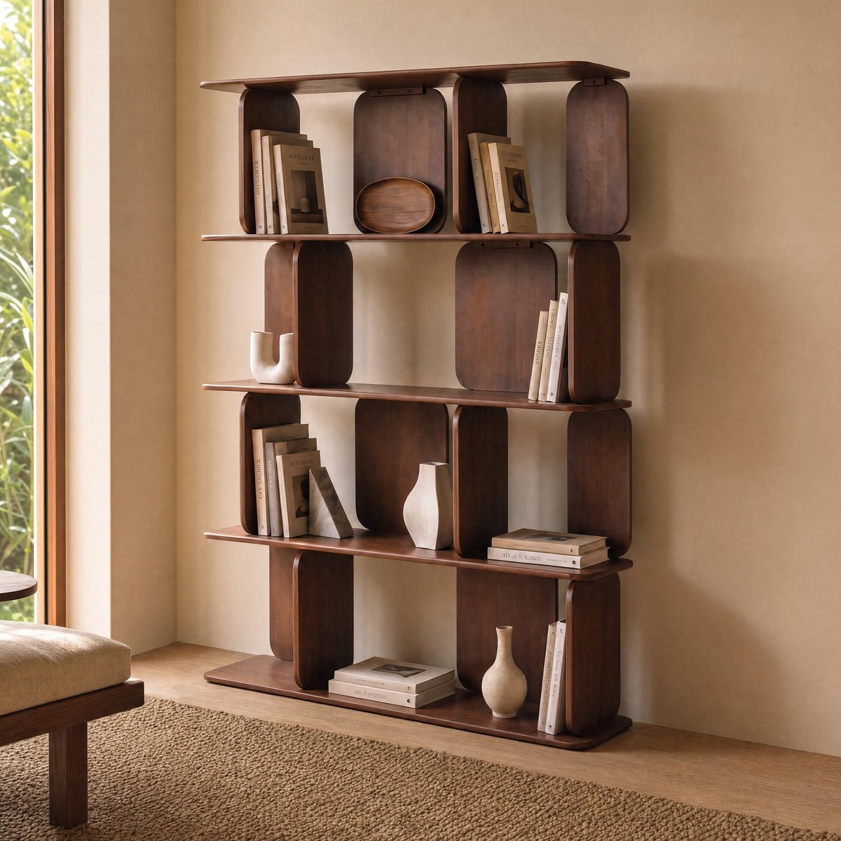 Bibliothèque en bois de manguier finition noyer, 4 niveaux - NINO marron foncé, MAISON PAVANE