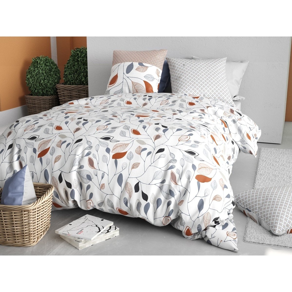 Housse couette + taie Floria blanc, EDEN