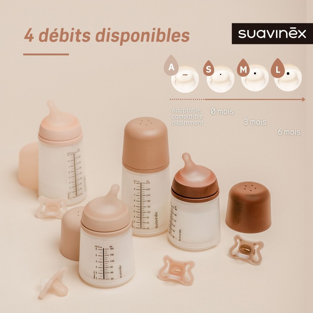 Lot de 2 tétines pour biberon anti-colique débit dense sand ZERO.ZERO sable clair, SUAVINEX