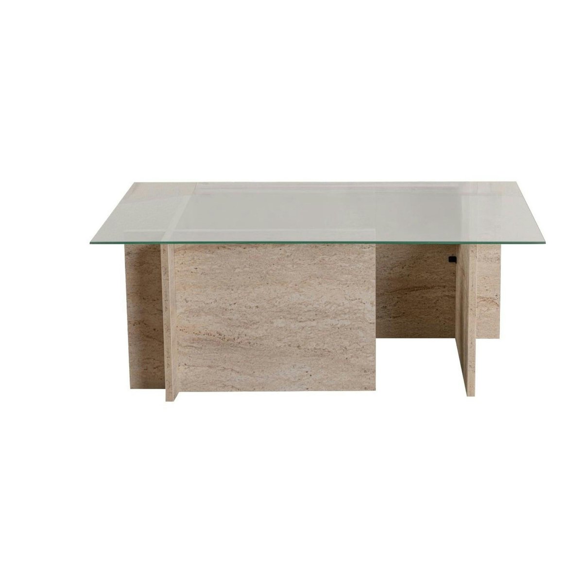 Table basse en verre, pied asymétrique SALTA travertin, PIER IMPORT