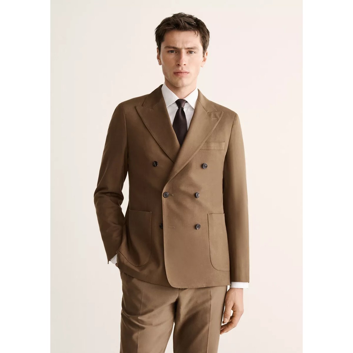 Veste de costume croisée en lyocell et coton tabac, MANGO MAN
