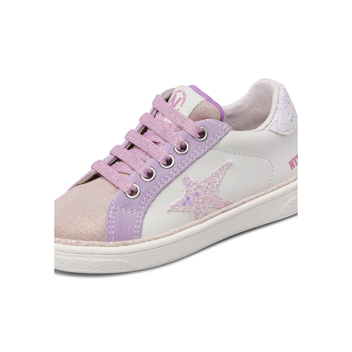 Baskets en cuir et en daim PINN ZIP. blanc-rose, NATURINO