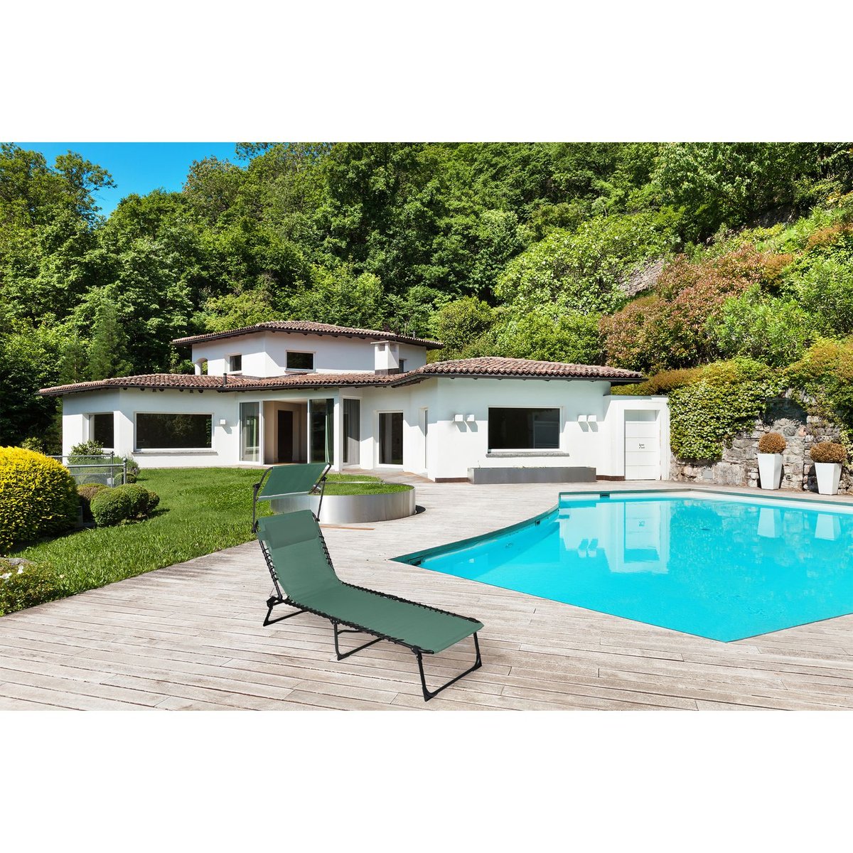 Lot de 2 bains de soleil avec coussin et pare-soleil inclinable vert, TOILINUX