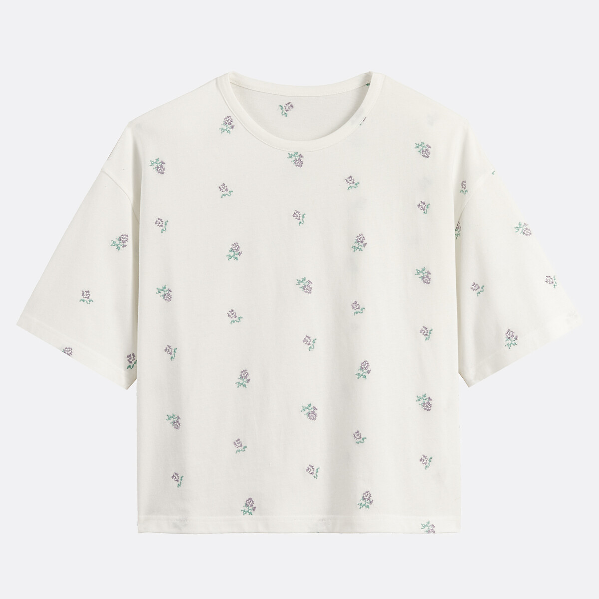 T-shirt a maniche corte con ricamo floreale e scollo rotondo ecru , LA REDOUTE COLLECTIONS