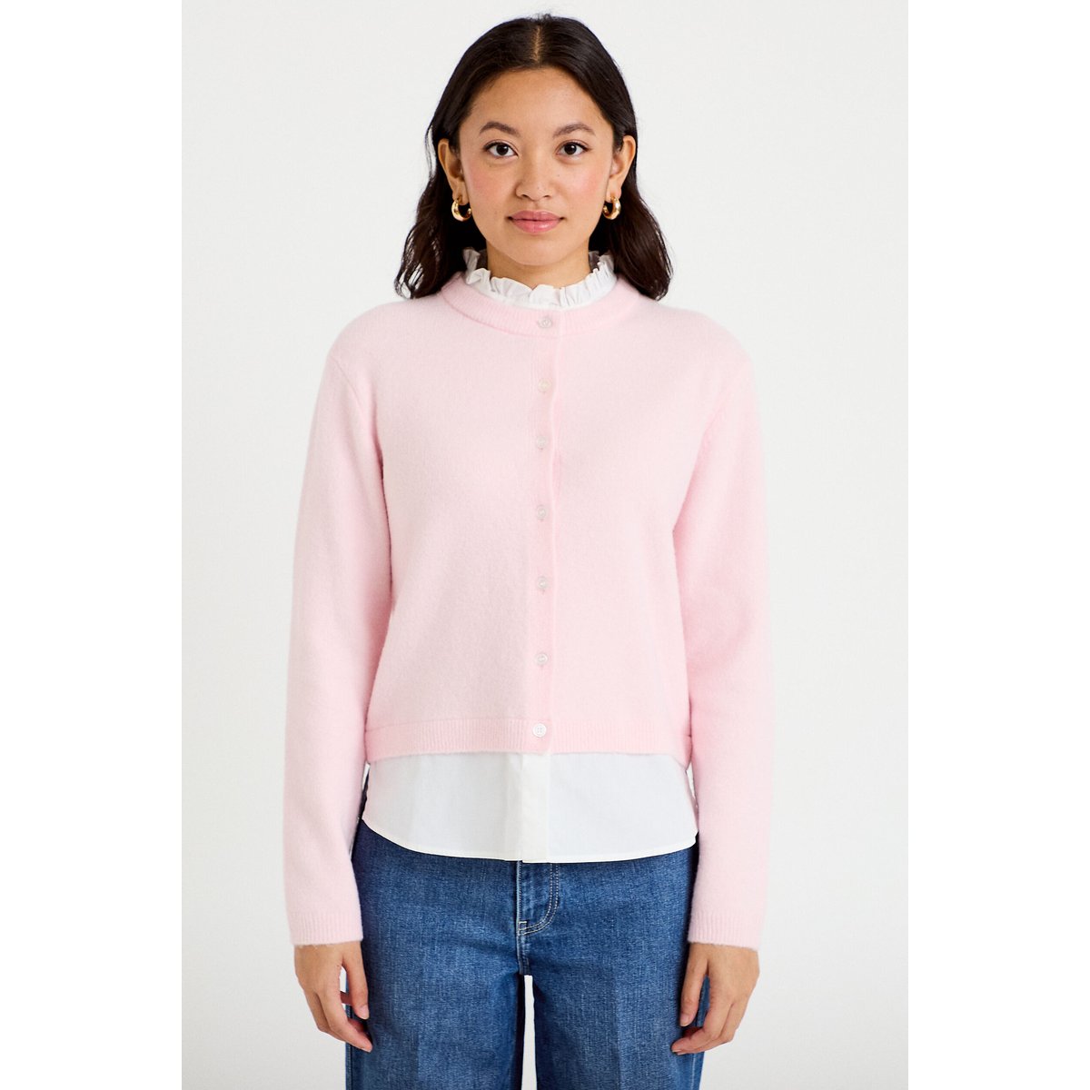 Gilet 2-en-1 col chemise manches longues rose clair, CACHE CACHE