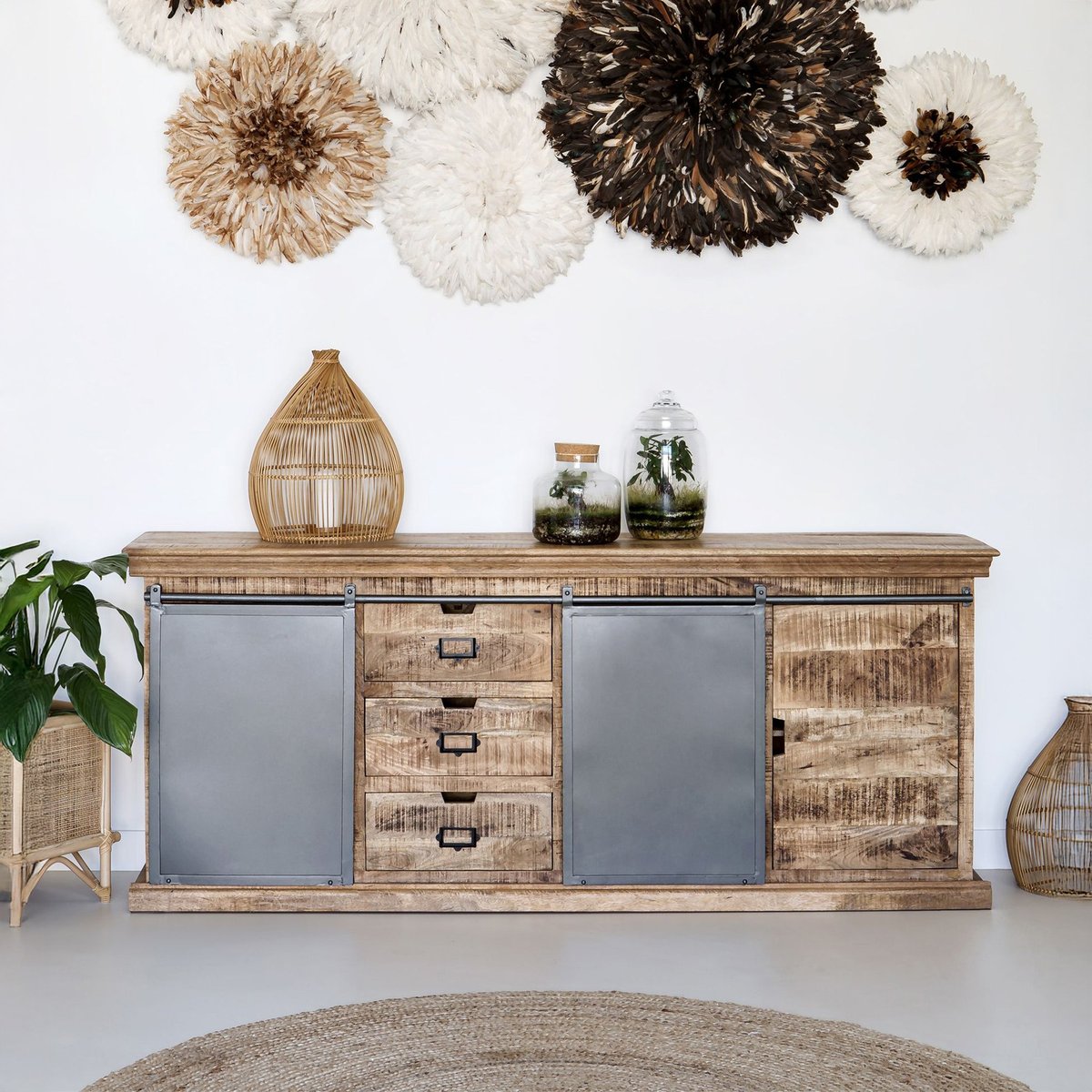 Grand buffet en bois et métal 3 portes 3 tiroirs - TABUK bois foncé et métal gris foncé, MAISON PAVANE