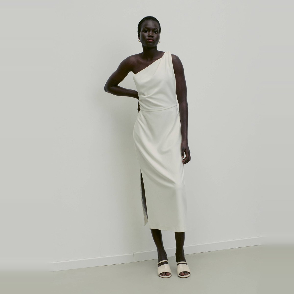 Robe longue asymétrique unie ecru, MONOPRIX