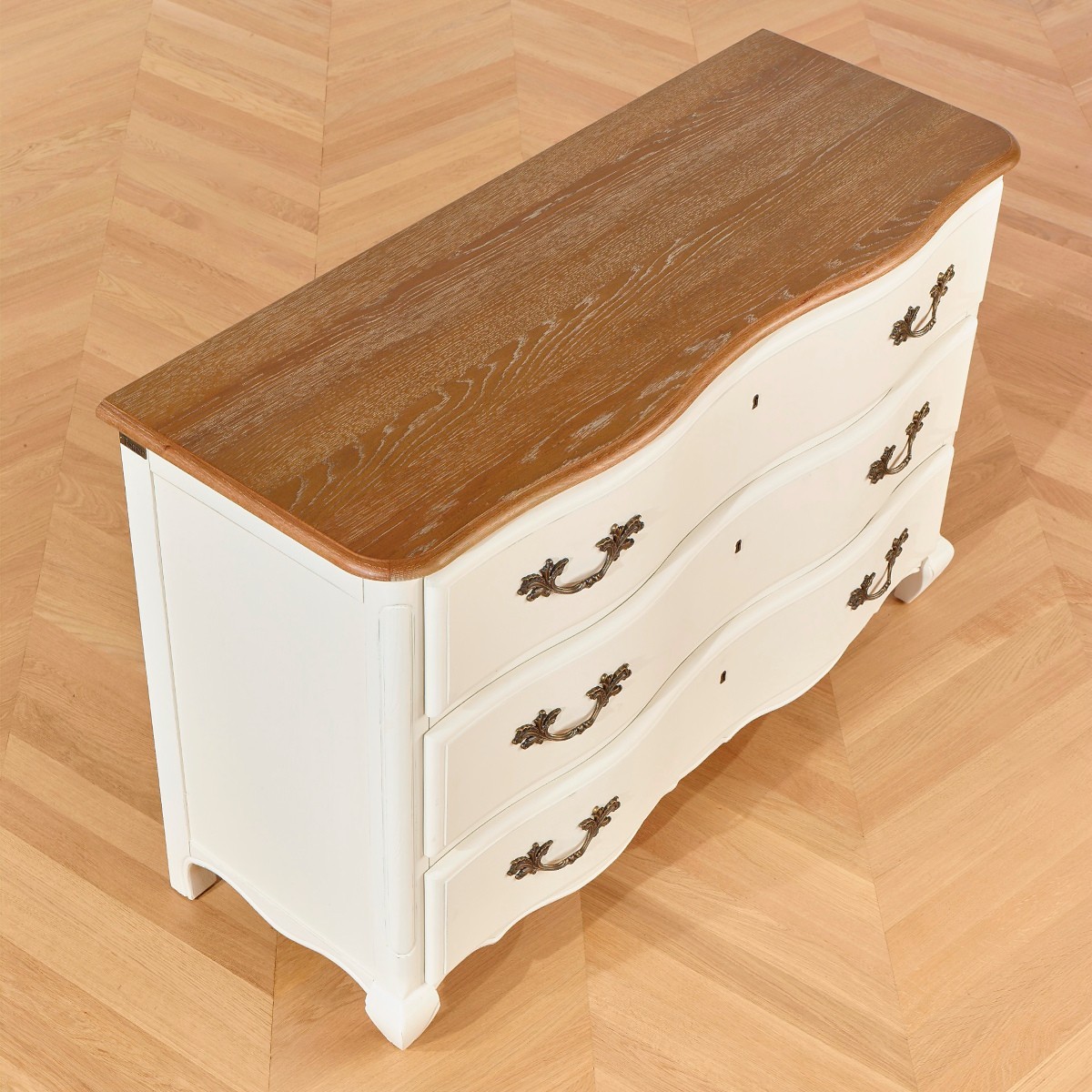 Commode style shabby chic, plateau chêne, 3 tiroirs SERRENA blanc, ROBIN DES BOIS