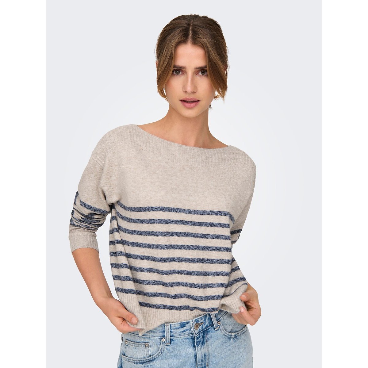 Pull con scollo a barchetta a righe beige a strisce blu, ONLY