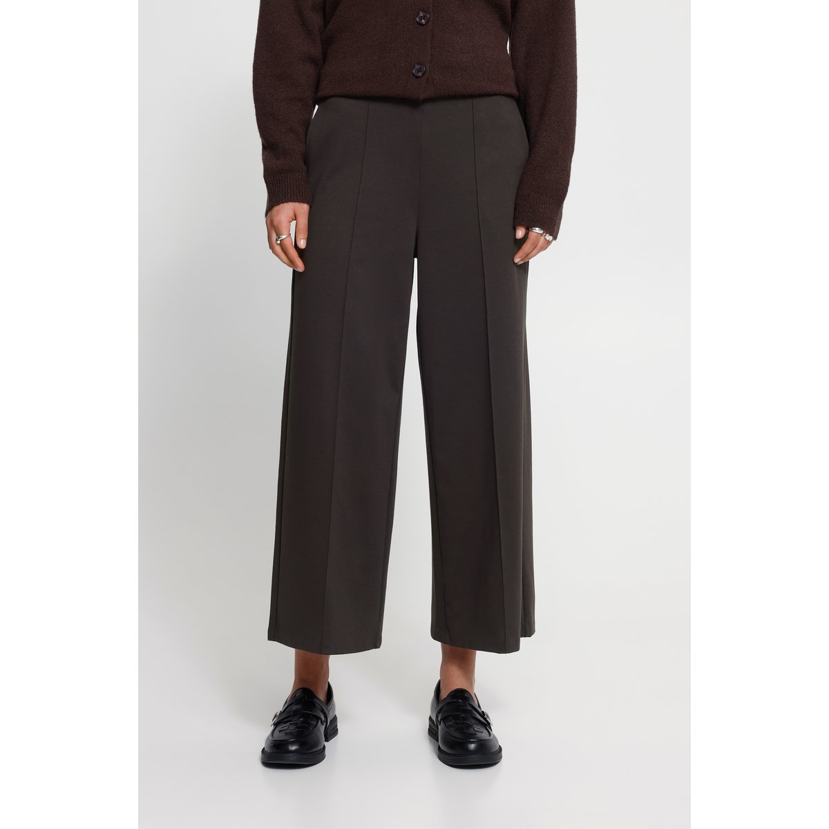 Pantalon cropped à jambes larges, taille haute marron chocolate torte, ICHI