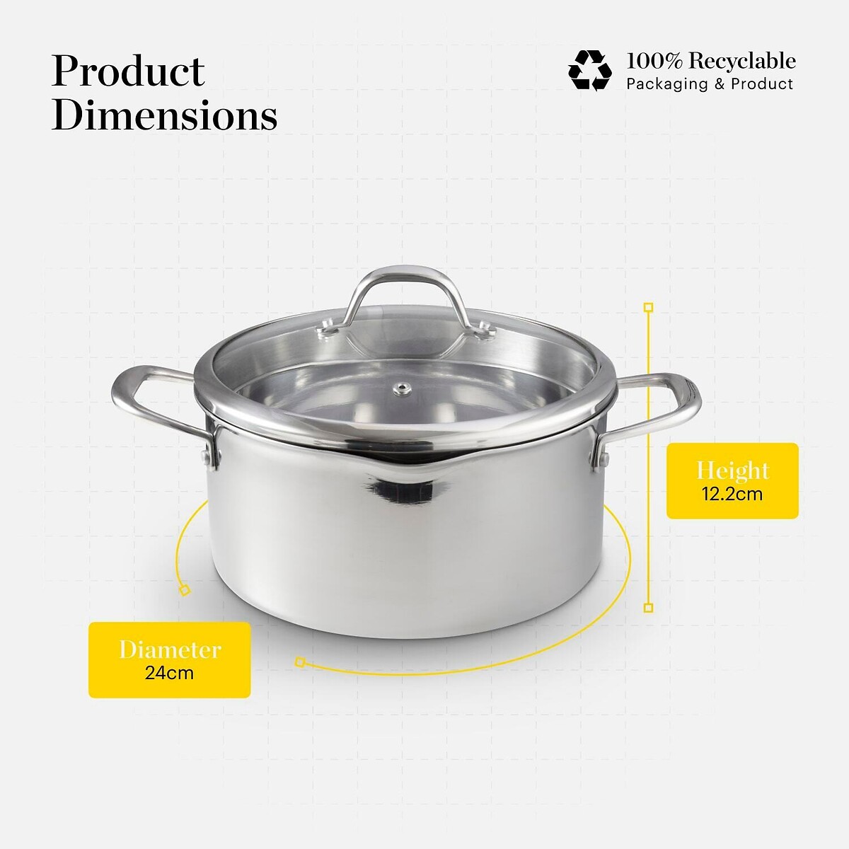 24cm Tri-Ply Casserole with Lid silver-coloured, GOOD FOOD BY TOWER
